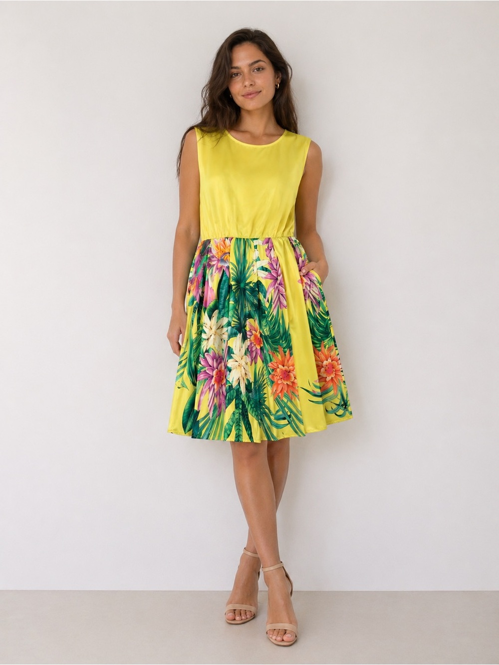 Yellow Tropical Floral Silk Dress Sleeveless Pockets Fit Flare M